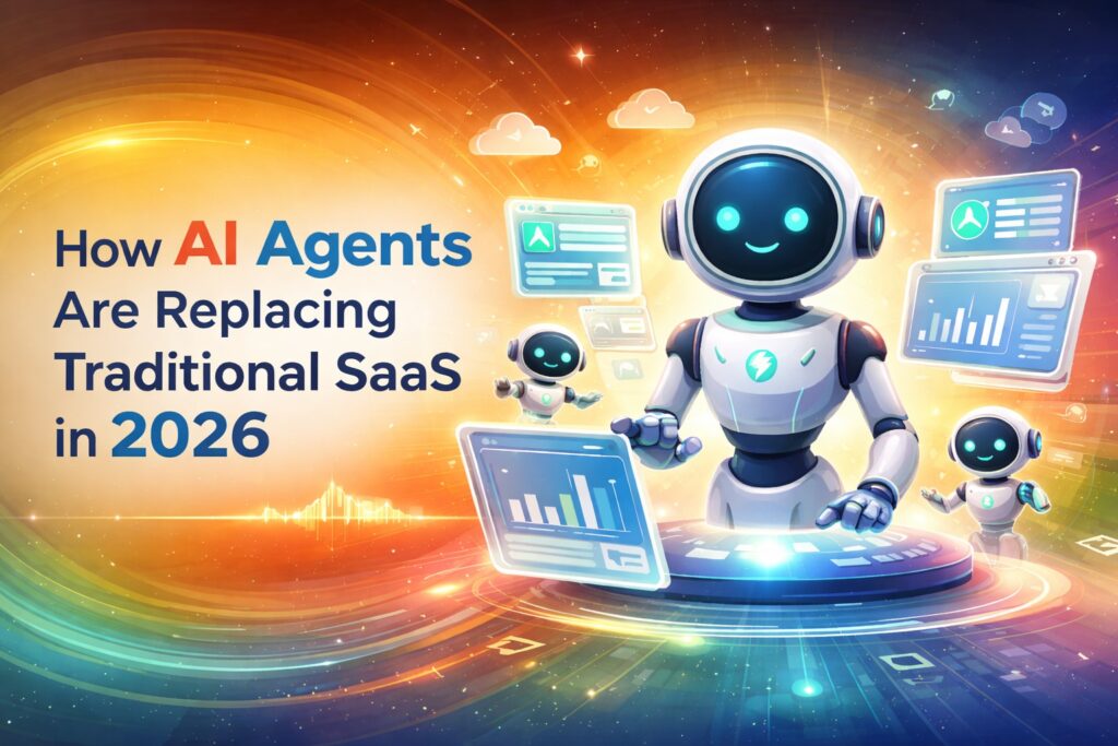 Illustration of AI Agents replacing traditional SaaS in 2026 — a large friendly robot surrounded by smaller AI agent robots interacting with digital dashboards, charts, and cloud-based application interfaces, set against a vibrant glowing background