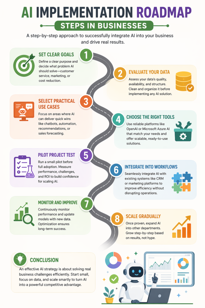 AI Implementation Roadmap infographic showing step-by-step business process including goal setting, data evaluation, AI tools selection, pilot testing, workflow integration, monitoring, and scaling with colorful icons and modern design.