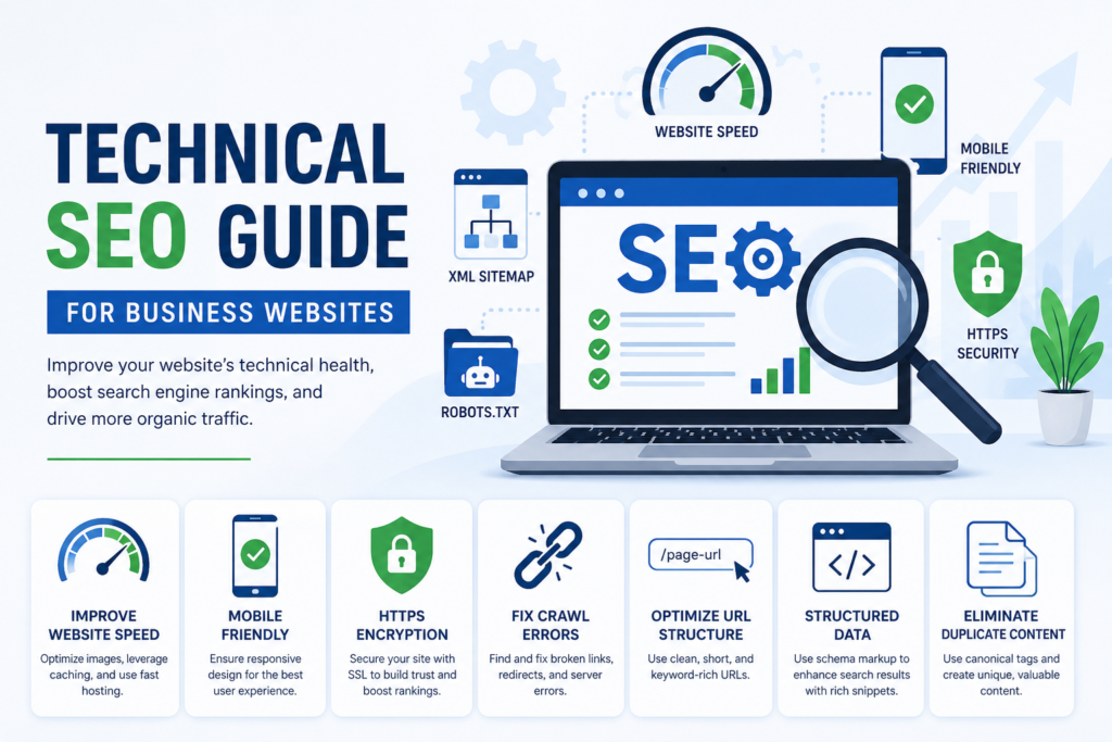 Technical SEO Guide for Business Websites showing website speed, mobile optimization, HTTPS security, XML sitemap, URL structure, and search engine ranking improvements.