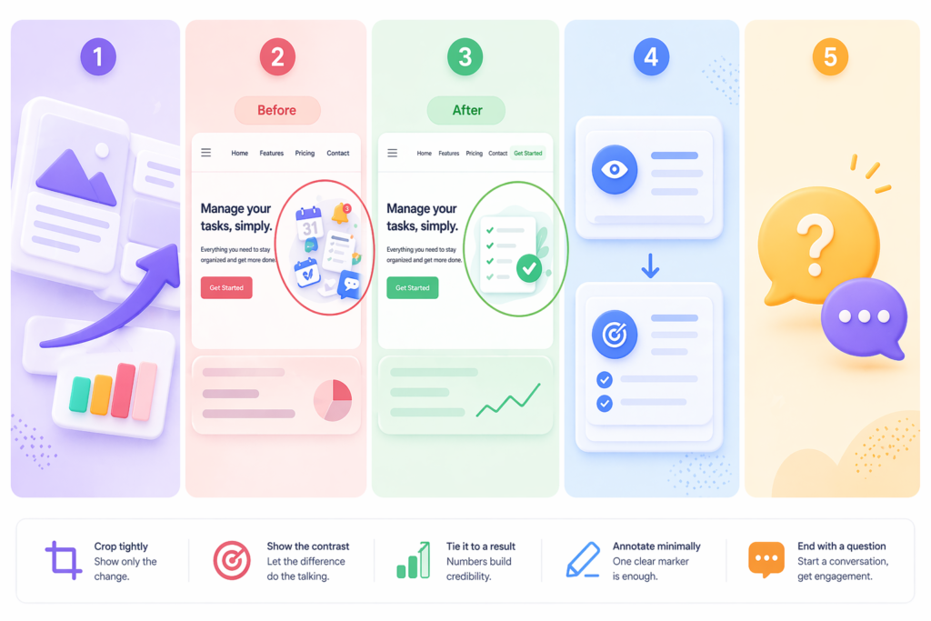 LinkedIn Carousel Format illustration showing colorful UI design slides with before-and-after comparison, clean layout, icons, and modern pastel visuals representing engagement-focused carousel content strategy.