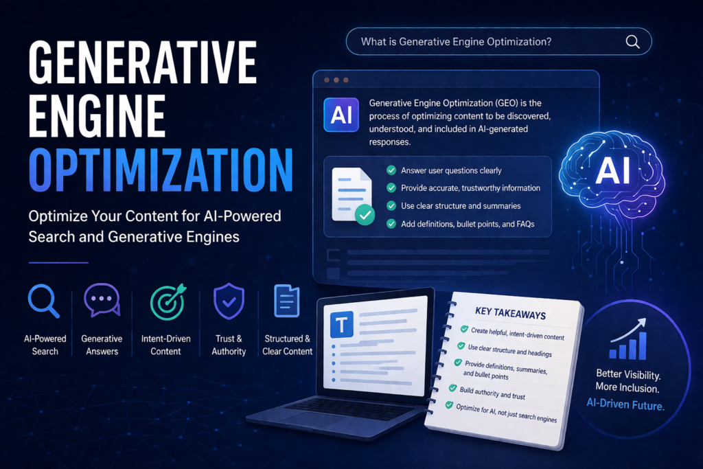 Generative Engine Optimization infographic showing AI-powered search, structured content, definitions, summaries, and key points for improving visibility in AI-generated results.