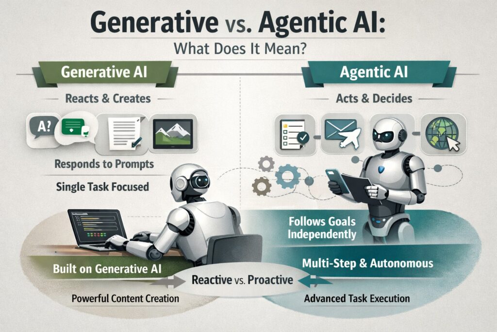 Generative vs Agentic AI infographic — comparing reactive content creation with autonomous multi-step task execution using robots