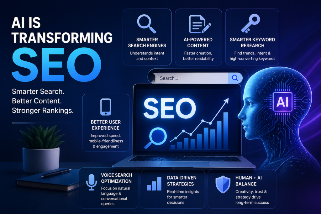 AI transforming SEO with smarter search engines, content creation, keyword research, voice search, and improved rankings for better online visibility.