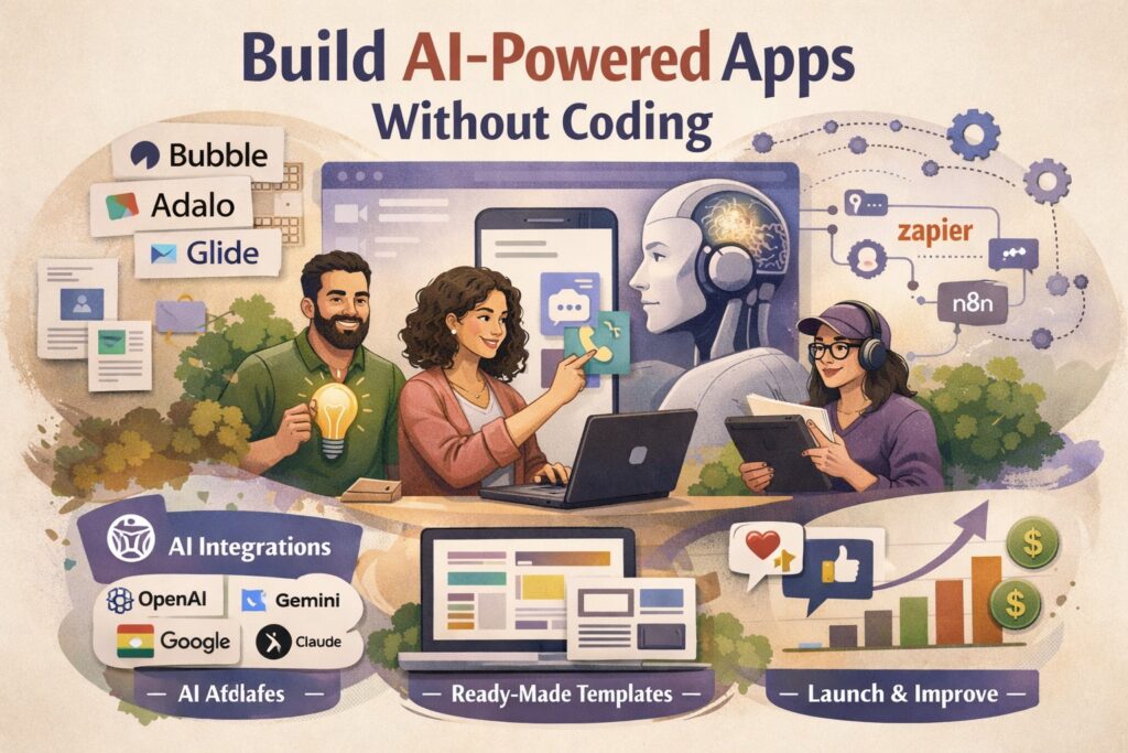 No Code AI Powered Apps illustration team building apps using Bubble, Glide, Zapier, and OpenAI integrations without any coding.