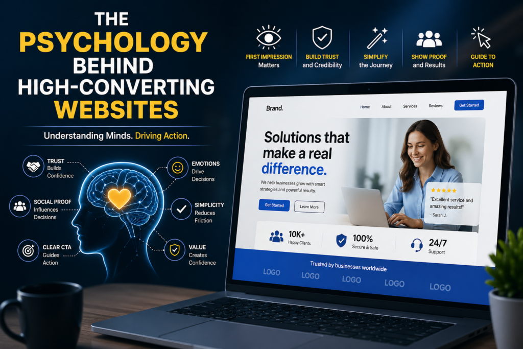 Psychology Behind High-Converting Websites infographic showing trust, design and conversions