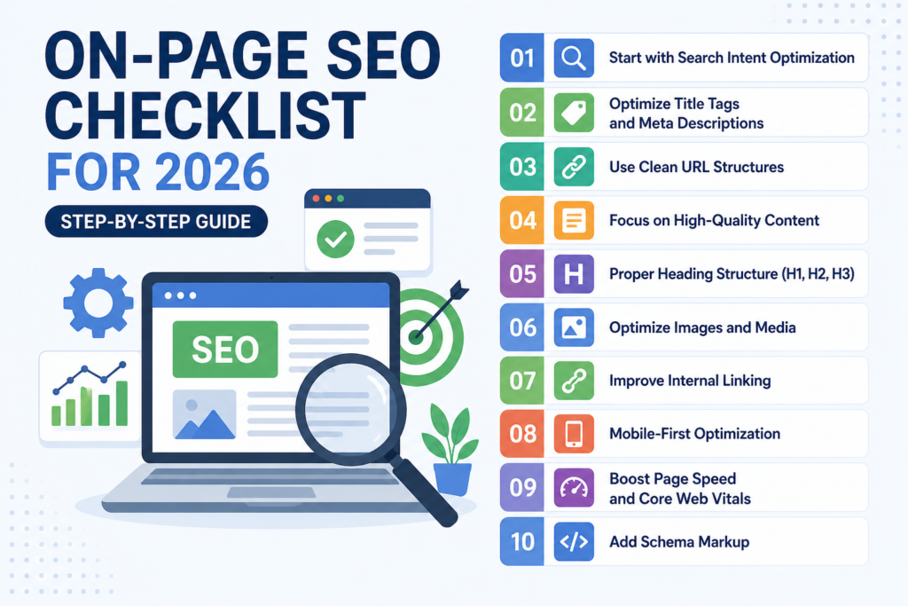 On-page SEO checklist including title tags, meta descriptions, and headings optimization