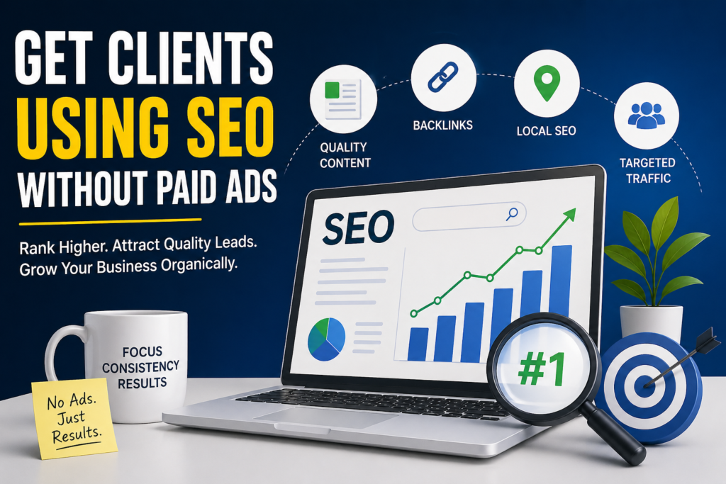 SEO illustration showing how to get clients without paid ads using content, backlinks, local SEO, and targeted traffic strategies