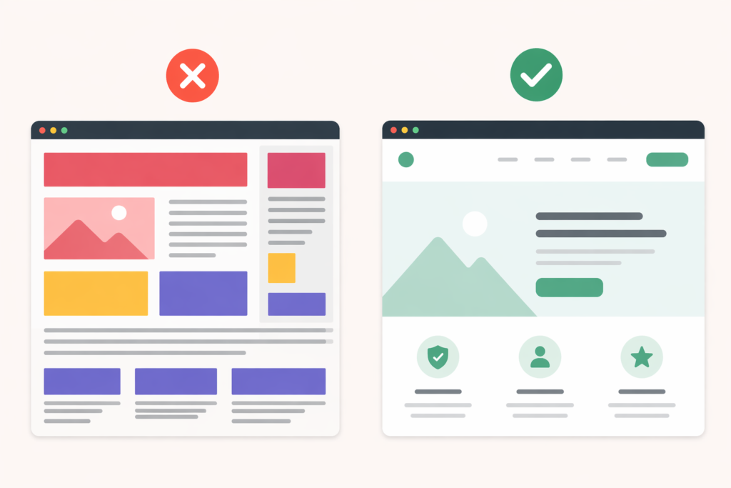 UIUX Mistakes illustration showing a cluttered website layout versus a clean, user-friendly design to highlight conversion issues and improvements