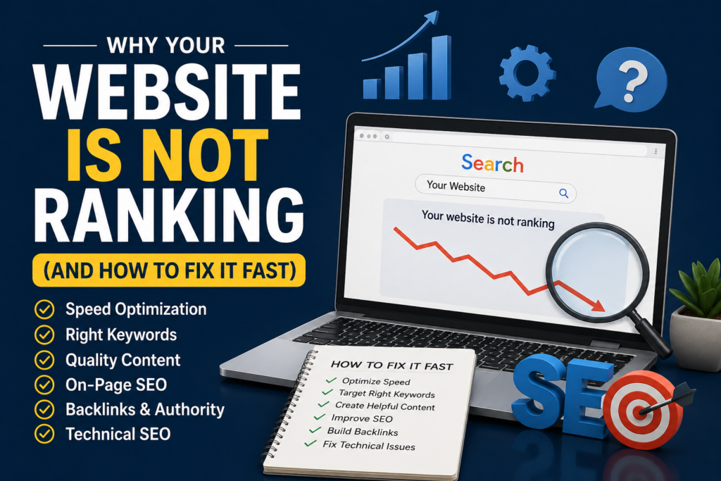 Why Your Website Is Not Ranking infographic showing common SEO issues affecting search rankings.