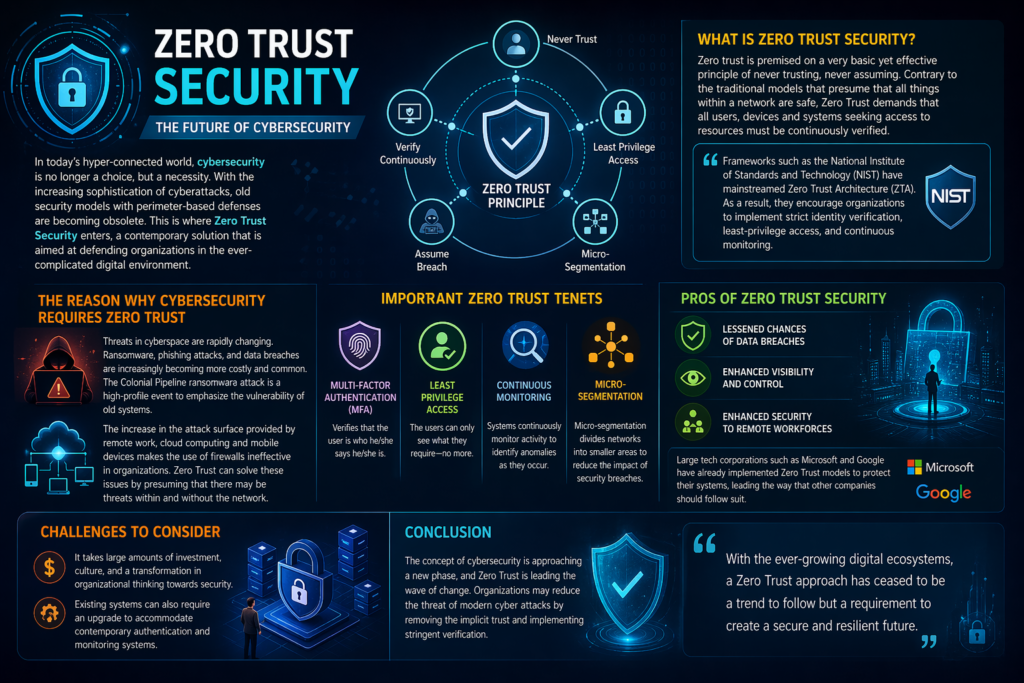 Zero Trust Security infographic explaining the Never Trust, Always Verify principle with key tenets, benefits, and challenges