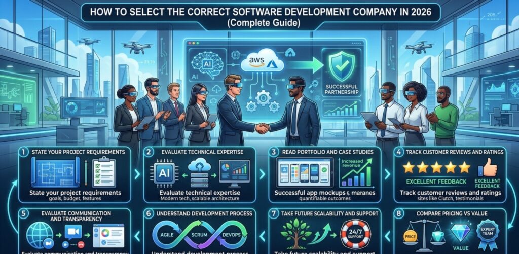 Infographic illustrating 8 steps to select the right software development company in 2026, including evaluating technical expertise, reading portfolios, tracking reviews, and comparing pricing vs value.
