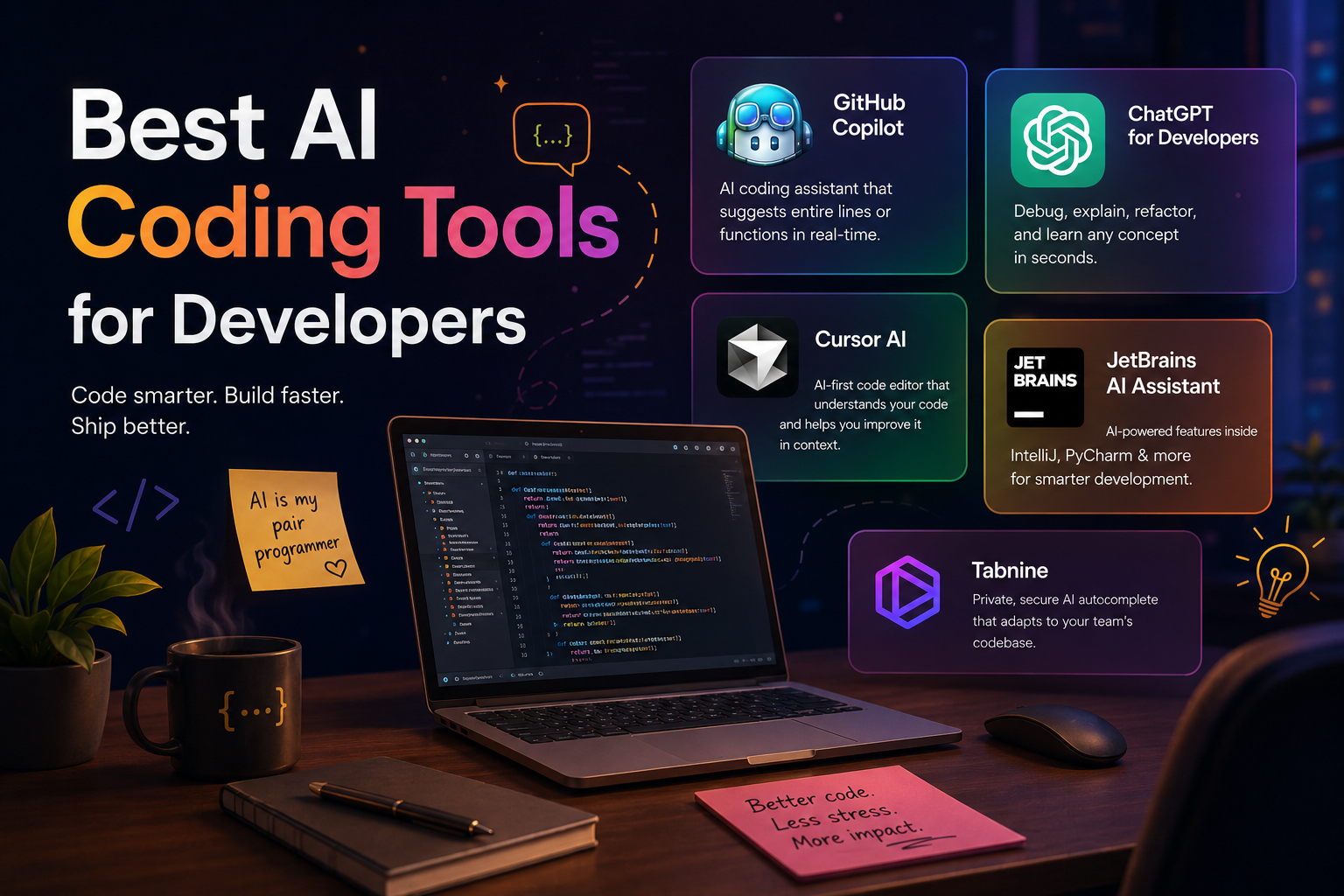 Modern developer workspace banner showing “AI Coding Tools for Developers” with GitHub Copilot, ChatGPT, Cursor AI, JetBrains AI Assistant, and Tabnine, highlighting AI-powered coding support in a dark, colorful tech-themed design.