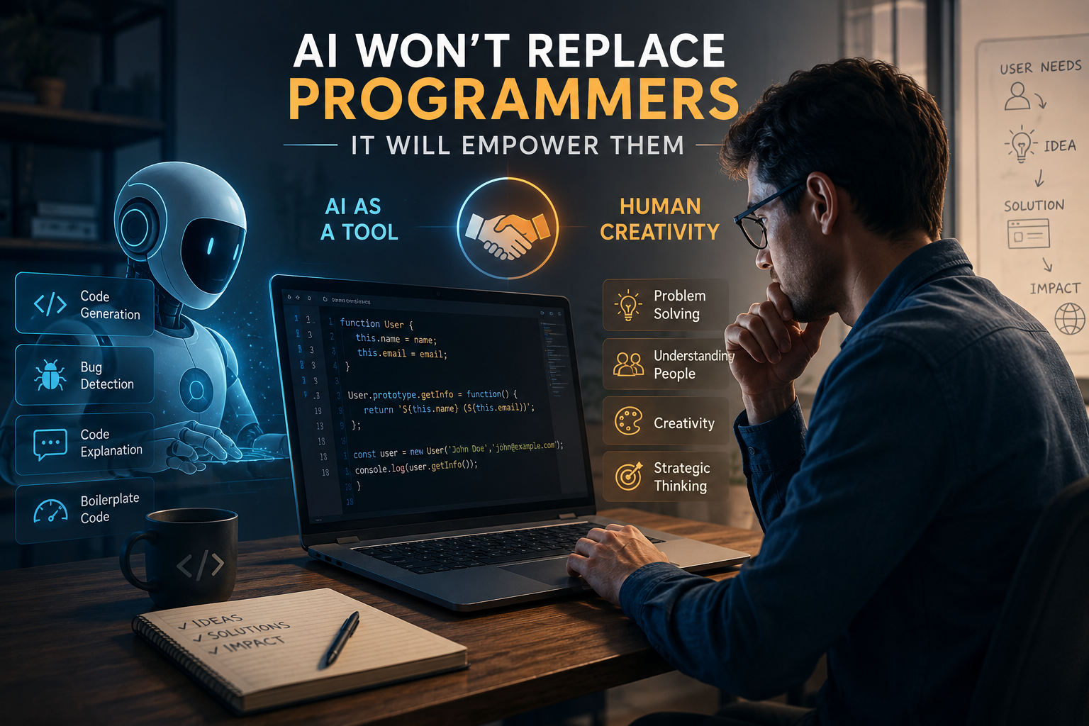 **Alt Text:** Programmer working with an AI robot in a futuristic workspace, representing how AI empowers developers instead of replacing them “AI Replace Programmers?”