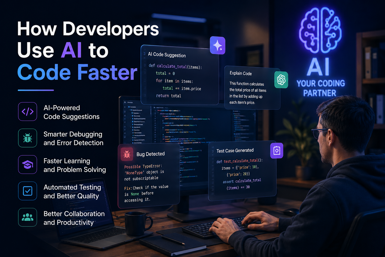AI for Faster Software Development showing a developer using AI tools for coding, debugging, testing, and improving productivity.