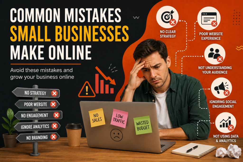 Stressed business owner facing common online marketing mistakes