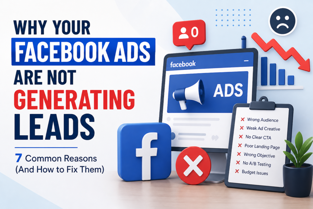 Facebook Ads concept image showing common reasons for low lead generation, including targeting issues, weak ad creatives, unclear CTA, and poor landing page performance with digital marketing analytics visuals.