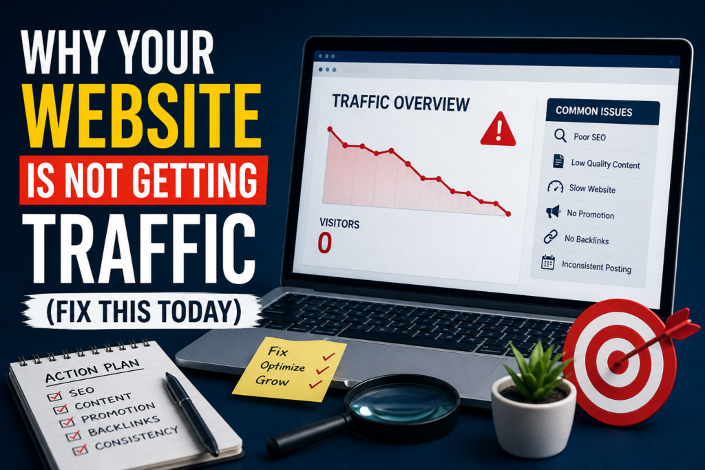 Website traffic analysis showing declining visitors and SEO issues on laptop dashboard