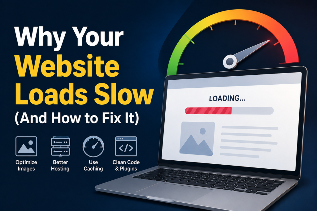 Website loads slow infographic showing causes and fixes for slow website performance